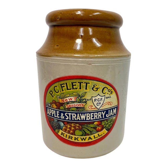 Vintage P C Flett & Co. Stoneware Apple & Strawberry Jam Jar From Scotland For Sale