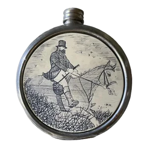 British Pewter Round Etched Hunt Scene Hip Flask, 1910s