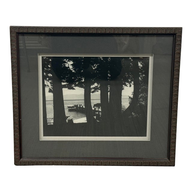 Black & White Tahoe Boat in Dock Photograph, Framed For Sale