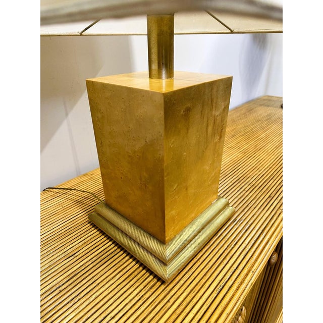 total height 70cm, base 26cm high x 21.5cm wide, shade 45cm x 45cm x 36cm high Lovely Burlwood table lamp with gilt metal...