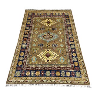 Brown and Navy Kazak Style Tribal Area Rug With Medallions, 5' X 7'7" For Sale