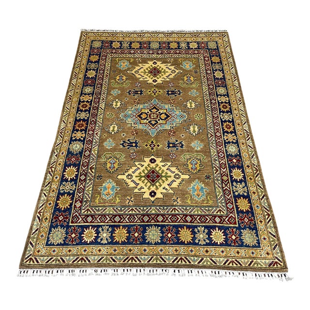 Brown and Navy Kazak Style Tribal Area Rug With Medallions, 5' X 7'7" For Sale