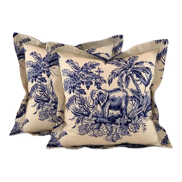 P Kaufmann Braemore Blue & Cream Botanical Elephant & Monkey Palm Tree Tropical Pillow Covers- Pair For Sale