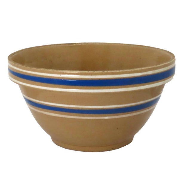 Large Antique 11 1/2 Inch Size Blue and White Decorated Banded Yellow Ware Kitchen Mixing Bowl For Sale In Boston - Image 6 of 13