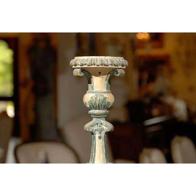 Rococo 18th Century Italian Rococo Single Carved Candlestick, Painted with Blue Accents For Sale - Image 3 of 10