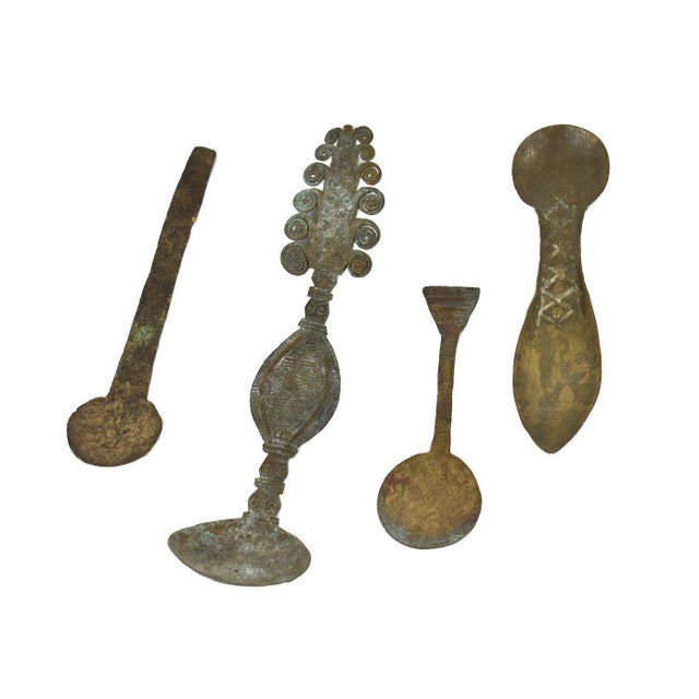 African Early 20th Century 4 Asante Brass Gold Dust Spoons Ghana For Sale - Image 3 of 3