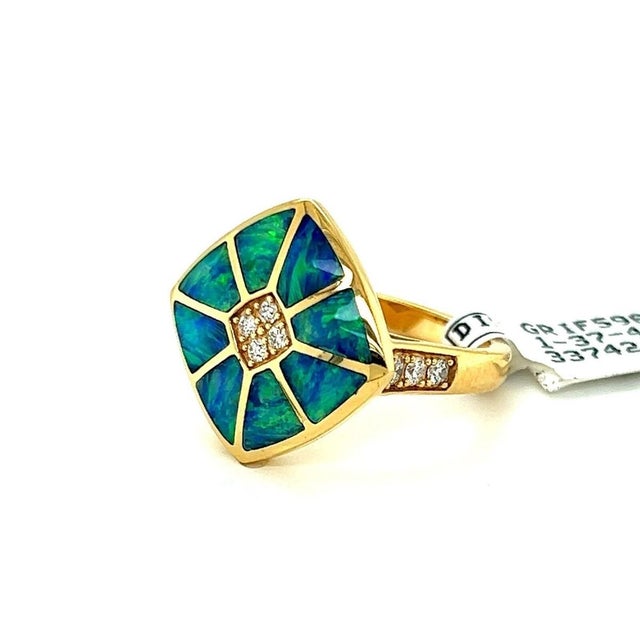 Mid 20th Century Kabana 14k Yellow Gold Fire Opal Inlay & Diamond Ring Size 7 For Sale In Miami - Image 6 of 9