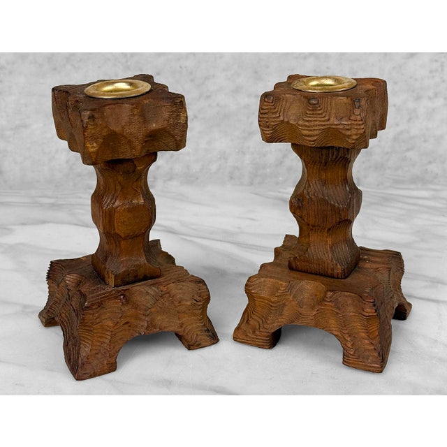 Vintage Brutalist Tiki Carved Wood Candlestick Holders - A Pair For Sale - Image 4 of 8