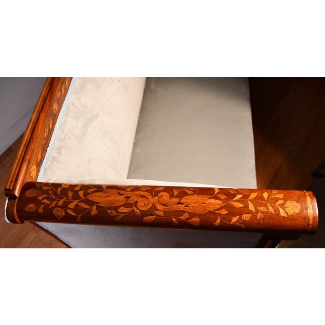 English 1840s Antique Dutch Marquetry Mahogany & Satinwood Inlay Spring-Seat Sofa For Sale - Image 3 of 12