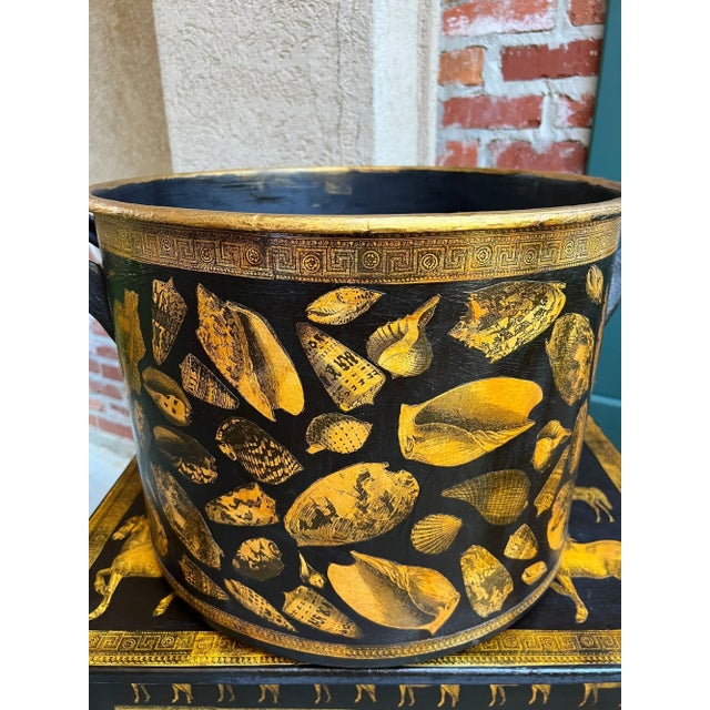 Large Antique English Planter Cachepot Black Metal Lacquer Shell Decoupage C1890 For Sale - Image 16 of 18