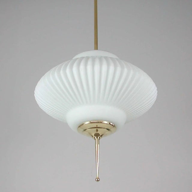 Mid-Century Ribbed Milk Glass & Brass Globe Pendant Attributed to Stilnovo For Sale - Image 12 of 18