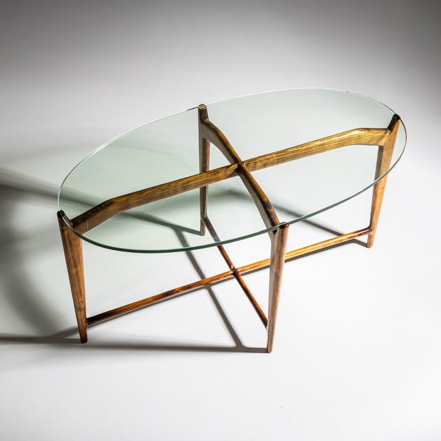 Wood Mid-Century Modern Oval Coffee Table, Walnut Base, Glass Top, Italy For Sale - Image 7 of 15