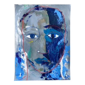 Contemporary Painting, Male Face in Blues by Cassandra Auker, Acrylic and Ink on Watercolor Paper
