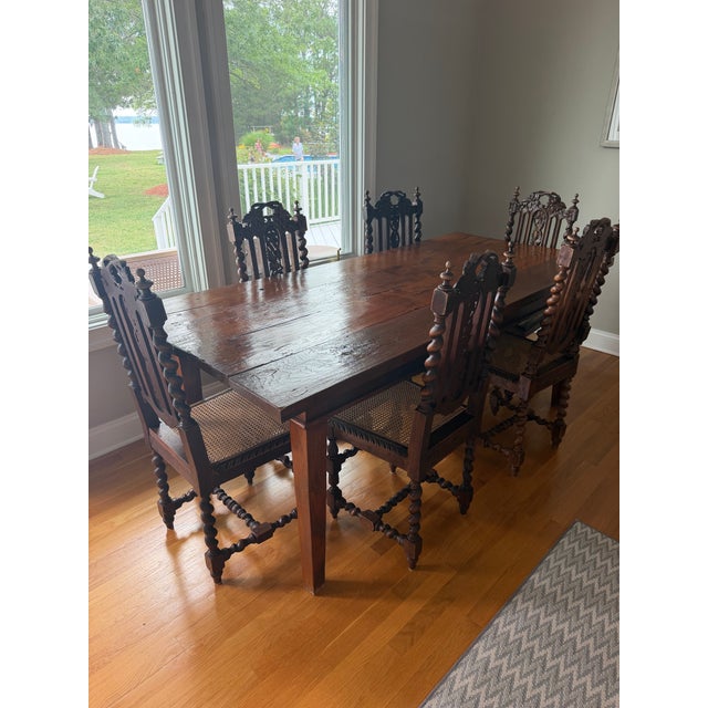 Mid 19th Century Set of Six Antique Jacobean Revival Carved Oak Barley Twist Rush Seat Dining Chairs, C. 1900 For Sale - Image 5 of 10