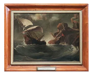 Sailing Ships in a Gale, 1700s, Oil on Cardboard, Framed