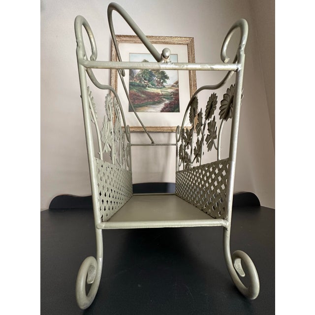 Green Vintage Late 20th Century Wrought Iron Floral Magazine Rack With Daisy & Leaf Metalwork- Cottage Shabby Chic Décor For Sale - Image 8 of 12