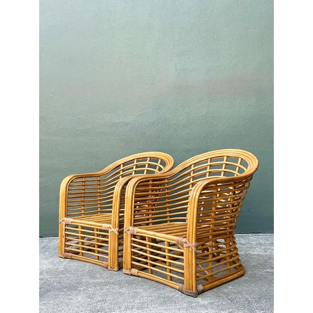 Vintage Stacked Rattan Lounge Chairs - Pair For Sale - Image 4 of 12