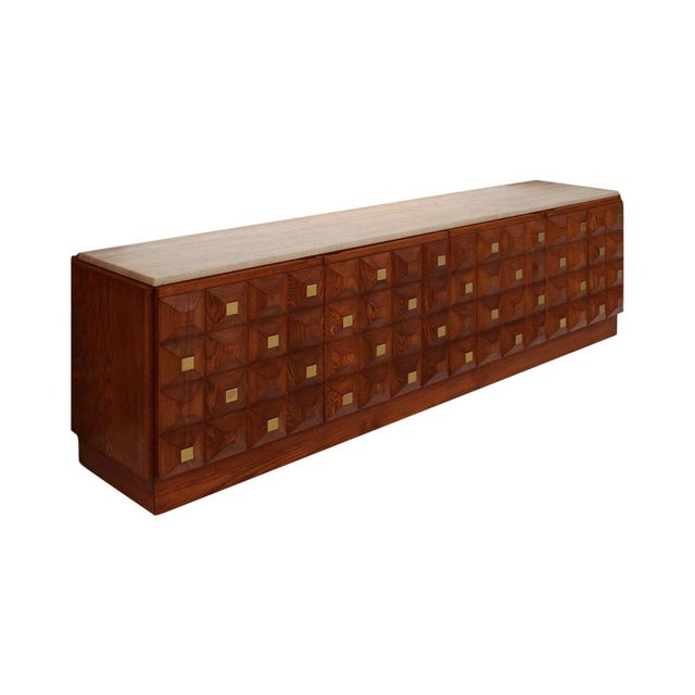 Mid-Century Modern Square Pattern Oak and Brass Sideboard with Travertine Top, Italy, 2000 For Sale - Image 3 of 11