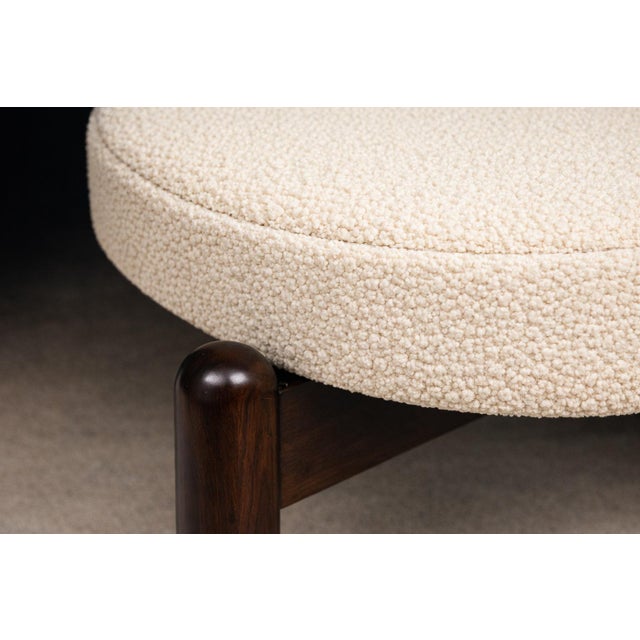 Ivory Móveis Cimo Round Stool in Ebonized Wood With Metal Sabots, Brazil, 1950s — Newly Upholstered in Warm Ivory Bouclé For Sale - Image 8 of 9