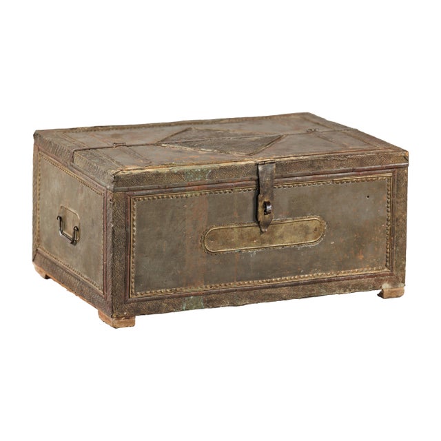 Vintage Indian Tin-Clad Metal Trunk with Embossed Detailing For Sale - Image 14 of 18