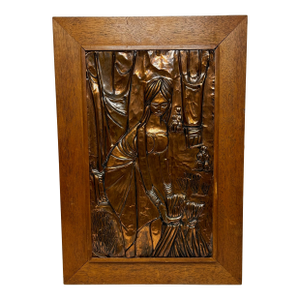 Mid-Century Eastern European Polish Copper Harvest Maiden – Hand-Worked Modernist Relief Sculpture