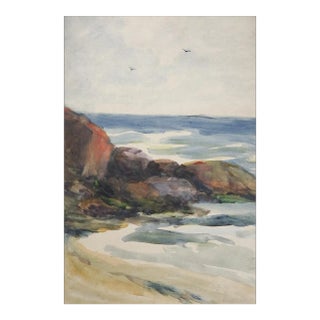 Early 20th Century Rocky Beach New England Seacoast Watercolor Painting For Sale