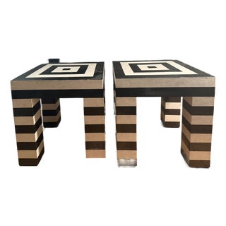 Postmodern Black & White Stripe Tessellated Marble Accent Tables For Sale