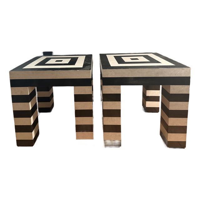 Postmodern Black & White Stripe Tessellated Marble Accent Tables For Sale