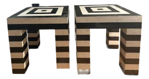 Postmodern Black & White Stripe Tessellated Marble Accent Tables