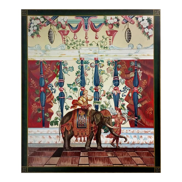 Vintage Hand Painted French Tapestry Painting on Canvas "Indian Elephant" For Sale