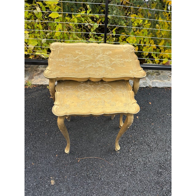 Vintage Italian Gilt Painted Wood Nesting Tables With Etched Floral Tops, Set of 2 | Made in Italy For Sale In New York - Image 6 of 15