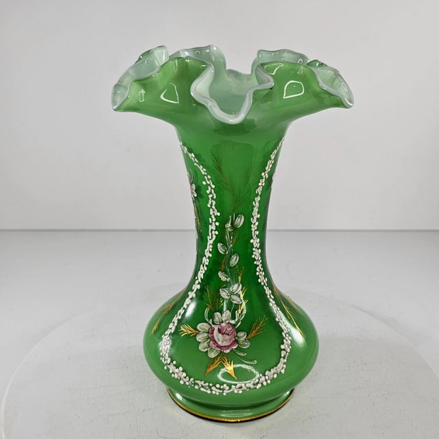 Glass Vintage Fenton Art Glass Vase Charleton Awco Green Overlay Roses Hand Painted For Sale - Image 7 of 11