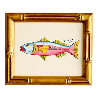 Original Handpainted Pink Fish Painting, Framed For Sale