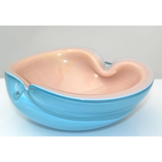 Glass Italian Murano Clear Turquoise Blue & Light Peach Blown Art Glass Bowl 1960 For Sale - Image 7 of 13