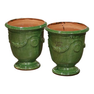 Pair of French Handmade Green Glazed Terracotta Anduze Planters by La Madeleine For Sale