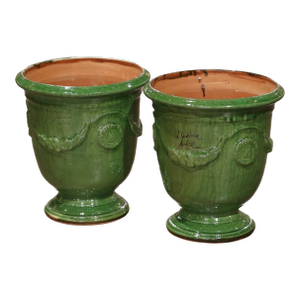 Pair of French Handmade Green Glazed Terracotta Anduze Planters by La Madeleine