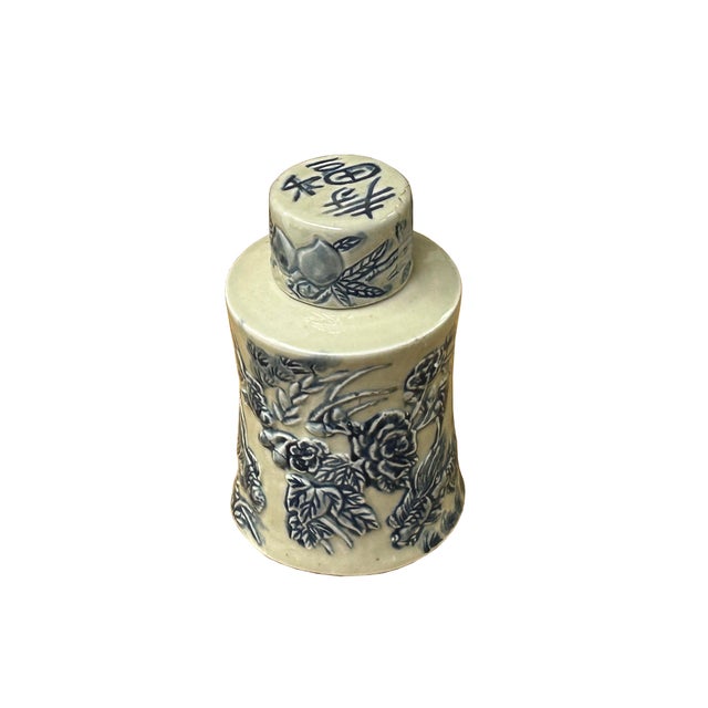 Ceramic Cream Celadon Porcelain Blue Flower Gold Fishes Cylindrical Container For Sale - Image 7 of 10