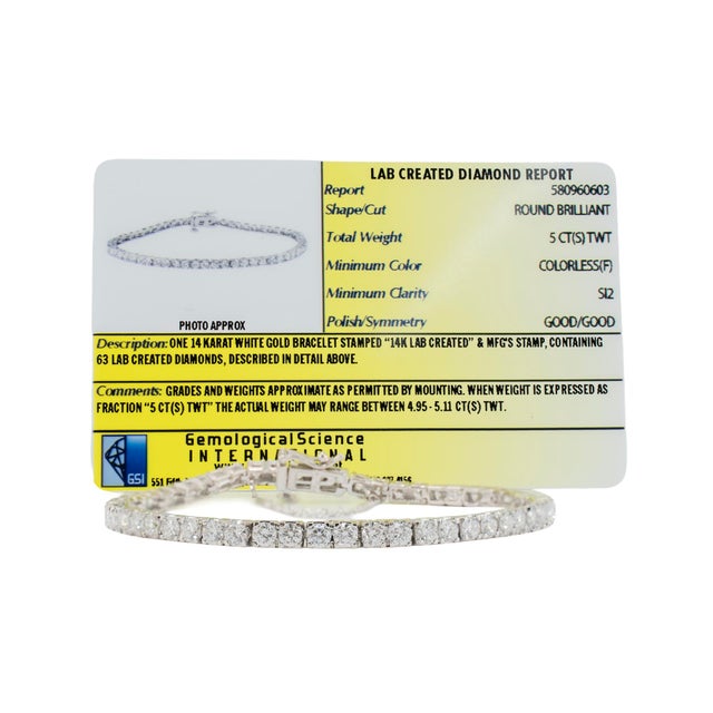 White Ladies 14k White Gold Gsi 5.00ct Round Lab Grown Diamond Tennis Bracelet For Sale - Image 8 of 9