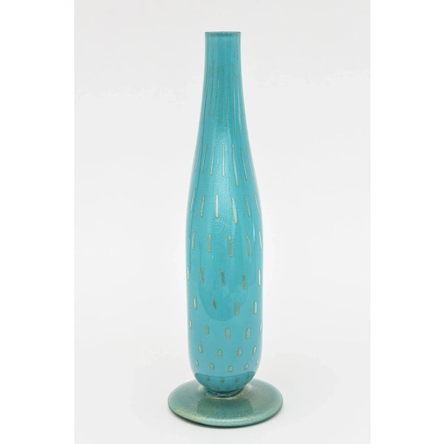 Turquoise Vintage Murano Barovier E Toso Turquoise Glass Bottle or Vase With Gold Droplets, 60's For Sale - Image 8 of 9
