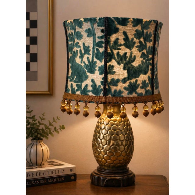 Textile Designer Covington Teal Bunny Velvet Drum Lampshade With Beaded Fringe- It Glows For Sale - Image 7 of 7