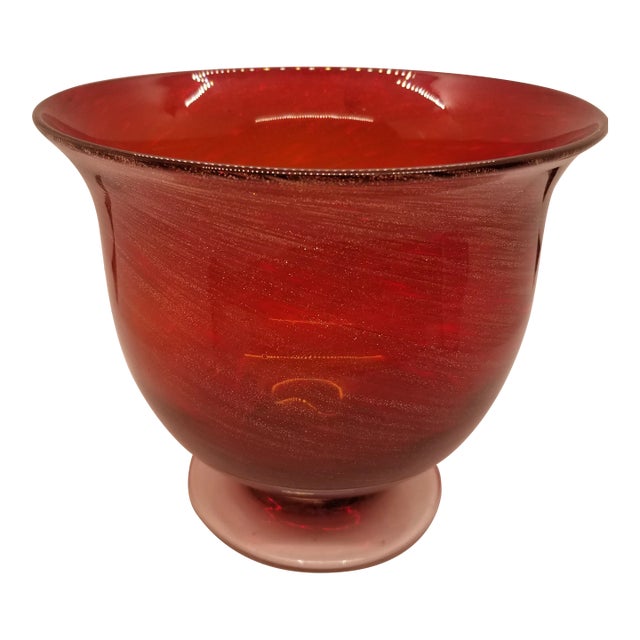 Vintage Footed Cranberry Glass Bowl With Gold Swirls For Sale