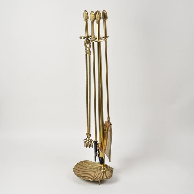 Mid 20th Century Solid Brass Seashell Handle Fireplace Tool Set With Scallop Shell Base Stand For Sale - Image 10 of 15
