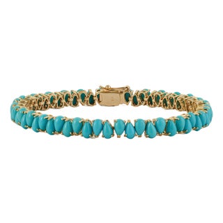 14k Yellow Gold 12.55 Ct Pear-Cut Cabochon Turquoise Tennis Bracelet, 7 Inches For Sale
