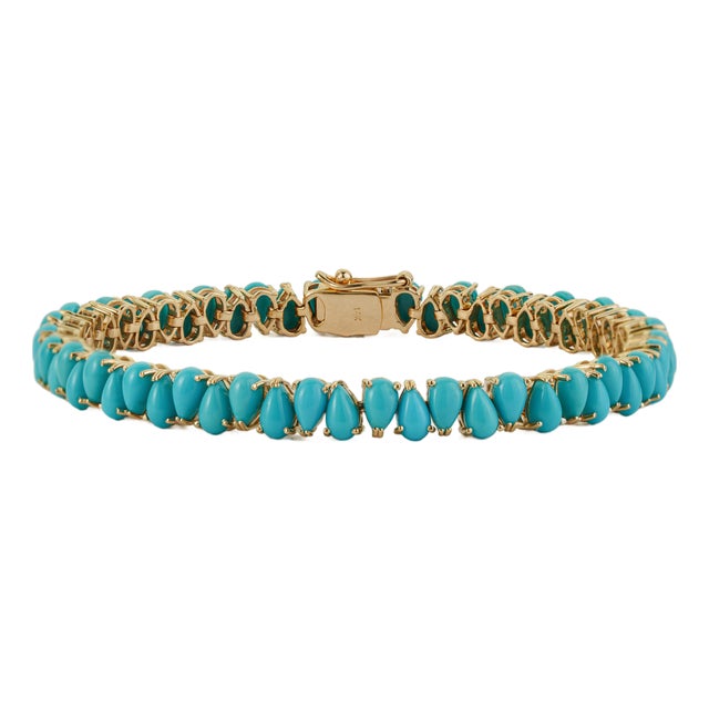 14k Yellow Gold 12.55 Ct Pear-Cut Cabochon Turquoise Tennis Bracelet, 7 Inches For Sale