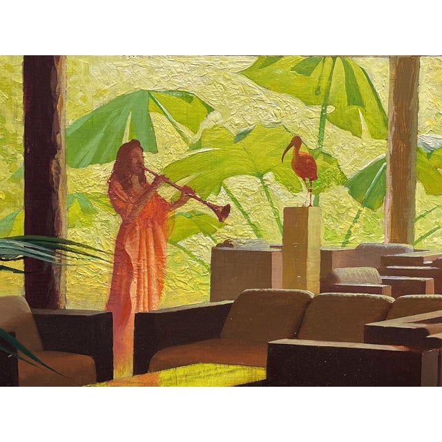 Early 21st Century Scarlet Ibis by Diego Glazer | Oil on Panel Interior scene with a figure and tropical plants. For Sale - Image 5 of 5