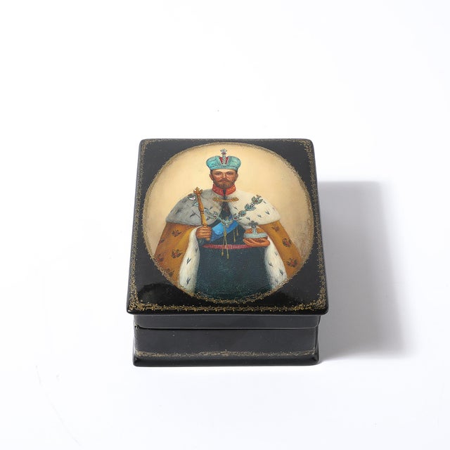 Mid-Century Modern Hand-Painted Russian Box of Tsar Nicholas II With Vermillion Red Interior For Sale - Image 3 of 13