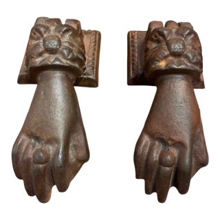 Pair of Vintage Victorian-Style Cast Iron Hand Door Knockers For Sale