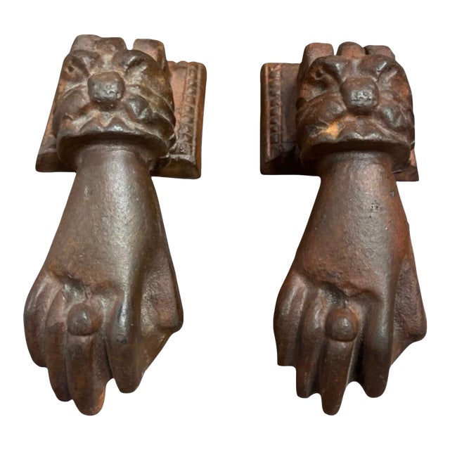 Pair of Vintage Victorian-Style Cast Iron Hand Door Knockers For Sale