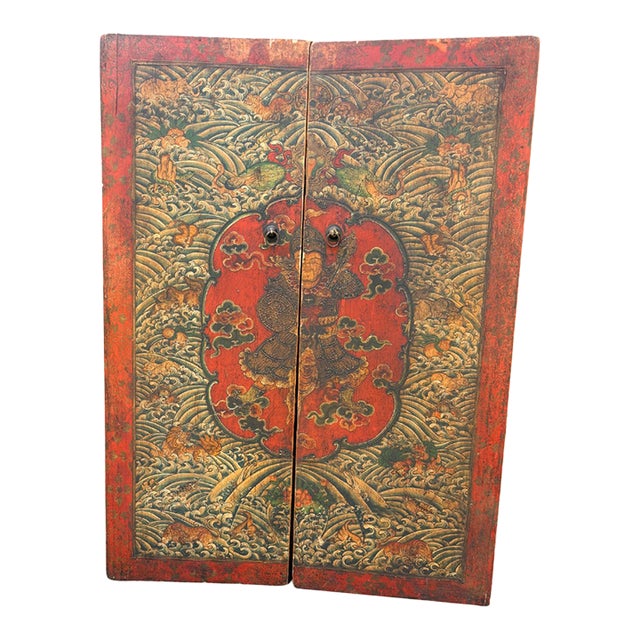 Antique Tibetan Cabinet Doors With Embossed Dragon Motifs, Pair For Sale