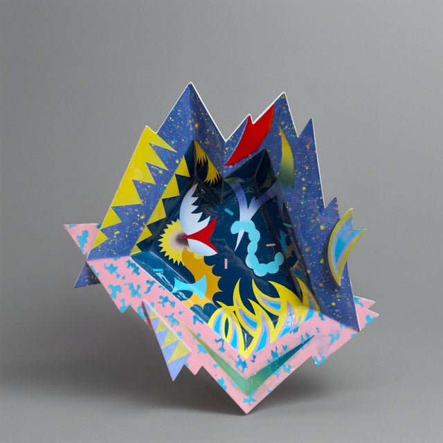 1984 Memphis-style ceramic sculpture by Santa Monica-based artist James Caswell Davis (1948-2015). The abstract wall...